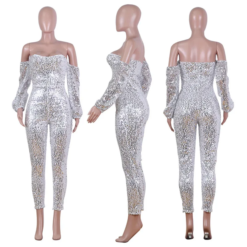 

Sliver Sequin Jumpsuit Women Strapless Off Shoulder Skinny Sparkly Rompers Sexy Glitter Christmas Club Party Overalls Macacao
