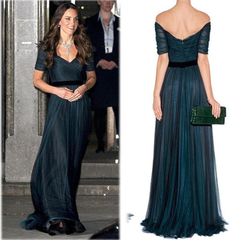 

Kate Middleton A Line Celebrity Dresses Evening Dress Ink Blue Sweetheart Off Shoulder Ruched Tulle Prom Dresses with Belt