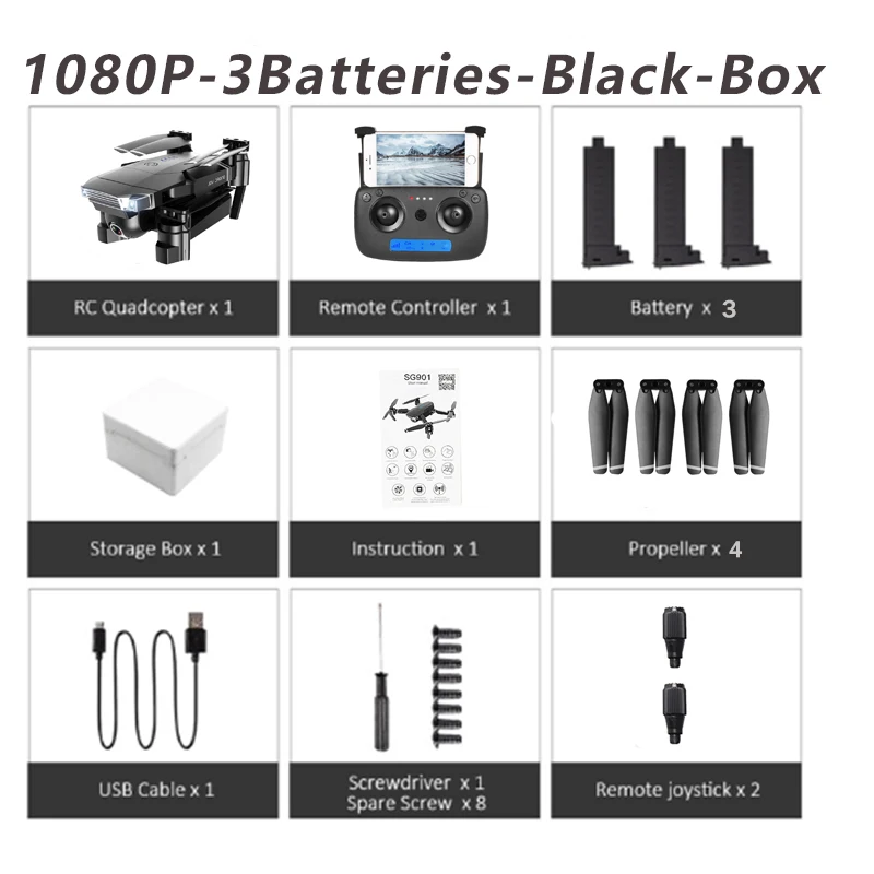1080P-3Batteries-Box FN, новинка 1080 года, Дрон с камерой SG901, 4 K, P, HD, двойная камера, следуем за мной, Квадрокоптер, FPV, Профессиональный gps, долгий срок службы батареи, игрушка для детей - Цвет: 1080P-3Batteries-Box