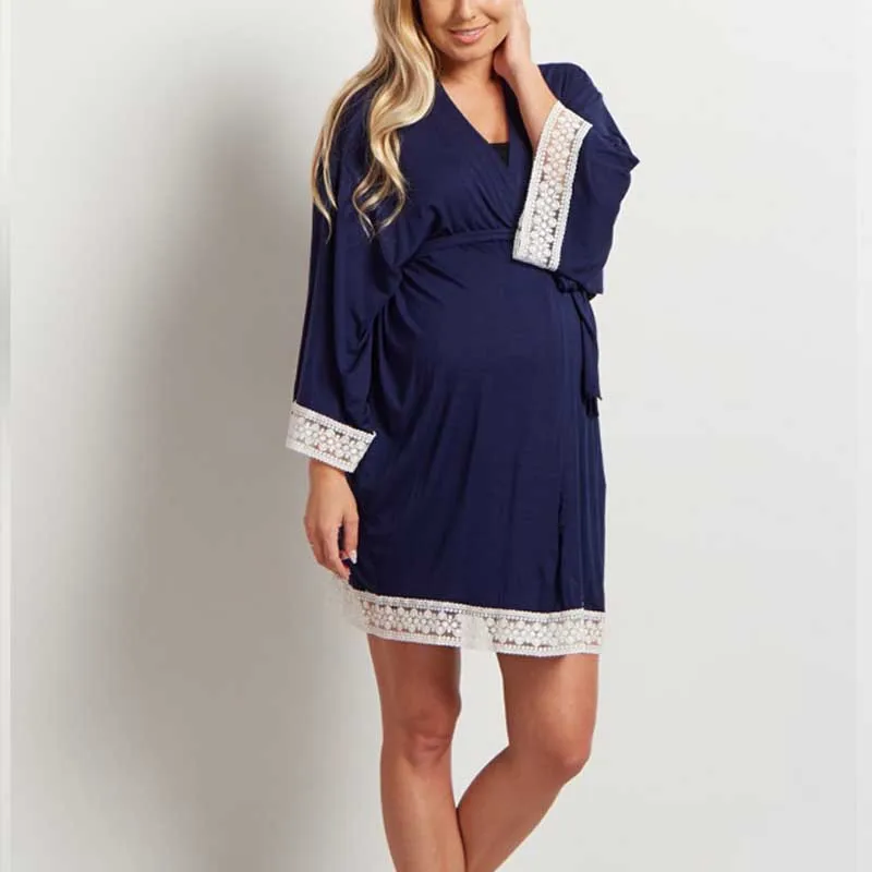 navy blue Одежда для беременных с рукавом «Семь-четверть»; кружевная Пижама для беременных; Повседневная для кормления; однотонное платье; модная мягкая одежда для сна - Цвет: navy blue