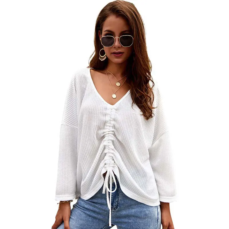 Женский свитер с v-образным вырезом свободный длинным рукавом вязаный для осени