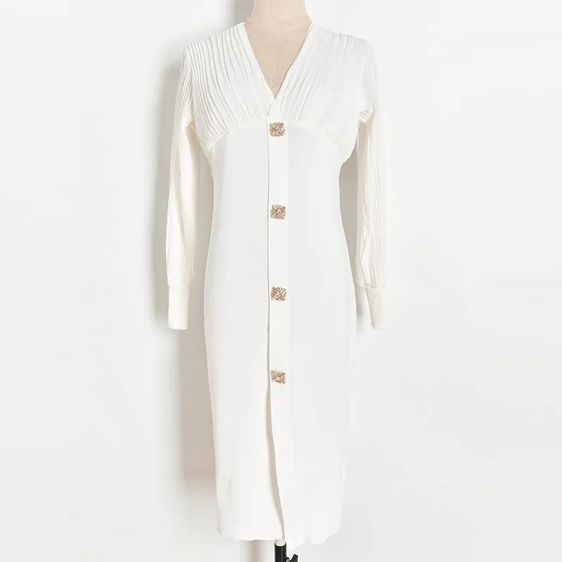 

Office Lady Dress Elegant Midi Long Sweater Dress 2020 Autumn V-neck Lantern Pleated Chiffon Sleeve Spliced Knitted Dress Robes