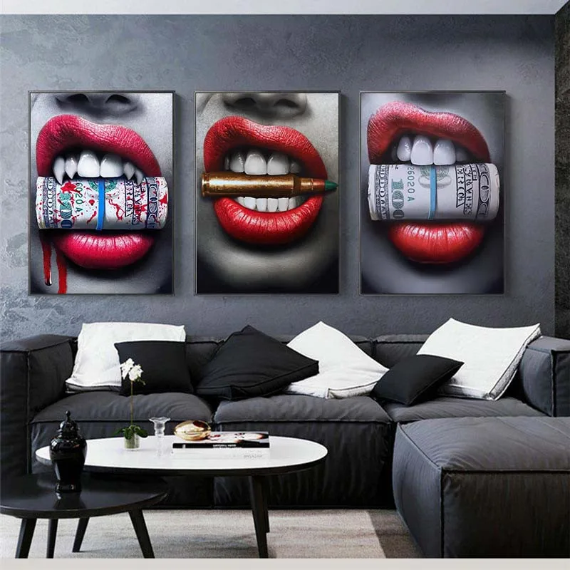 Пикантные кровотечения в виде красных губ Wall Art Печать на холсте Современные губы
