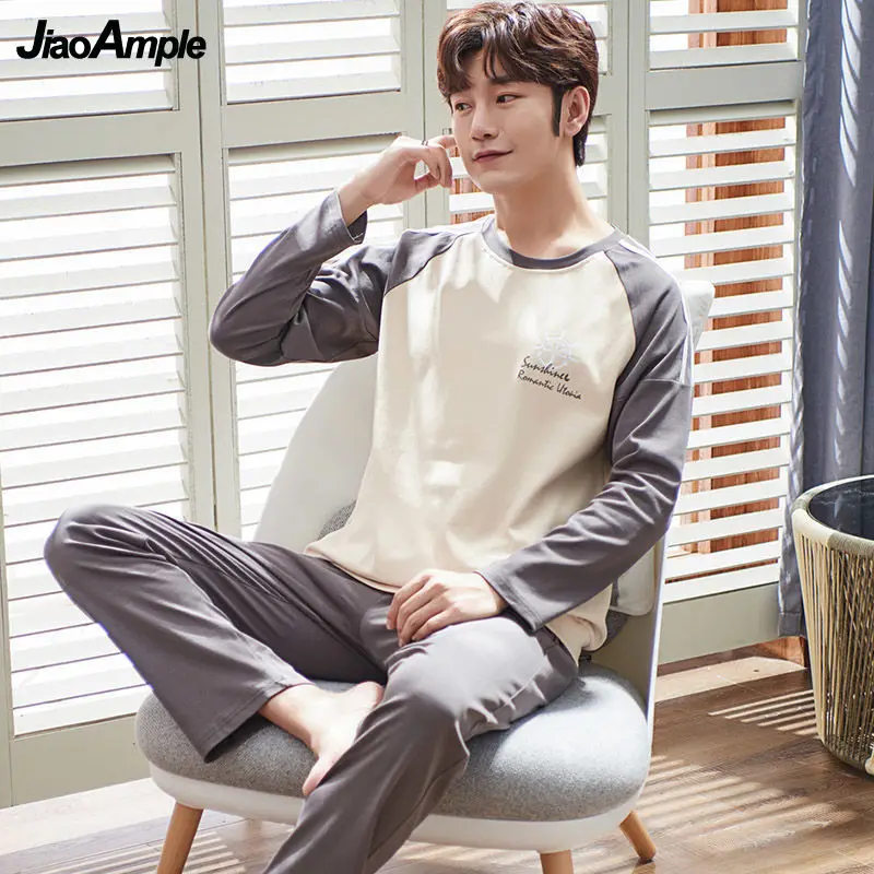 M-4XL Pajamas Men's Long-Sleeved Trousers Pajamas Two-Piece Spring Autumn Cotton Loose Sleepwear Pijamas Boy Casual Home Clothes
