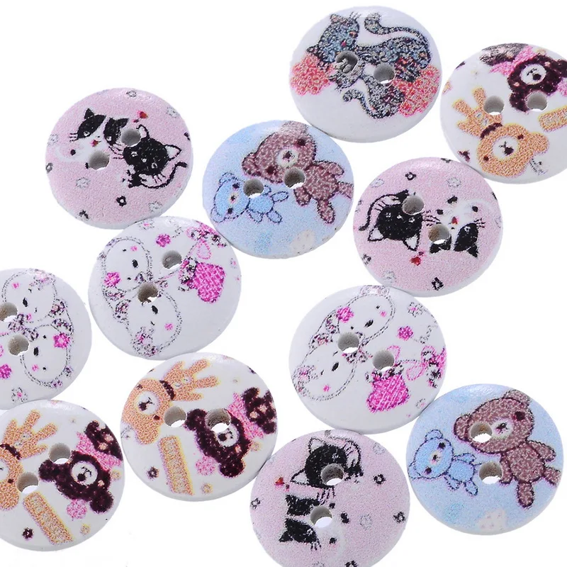 100 шт Мультяшные деревянные пуговицы 2 отверстия животный узор Круглый смешанный