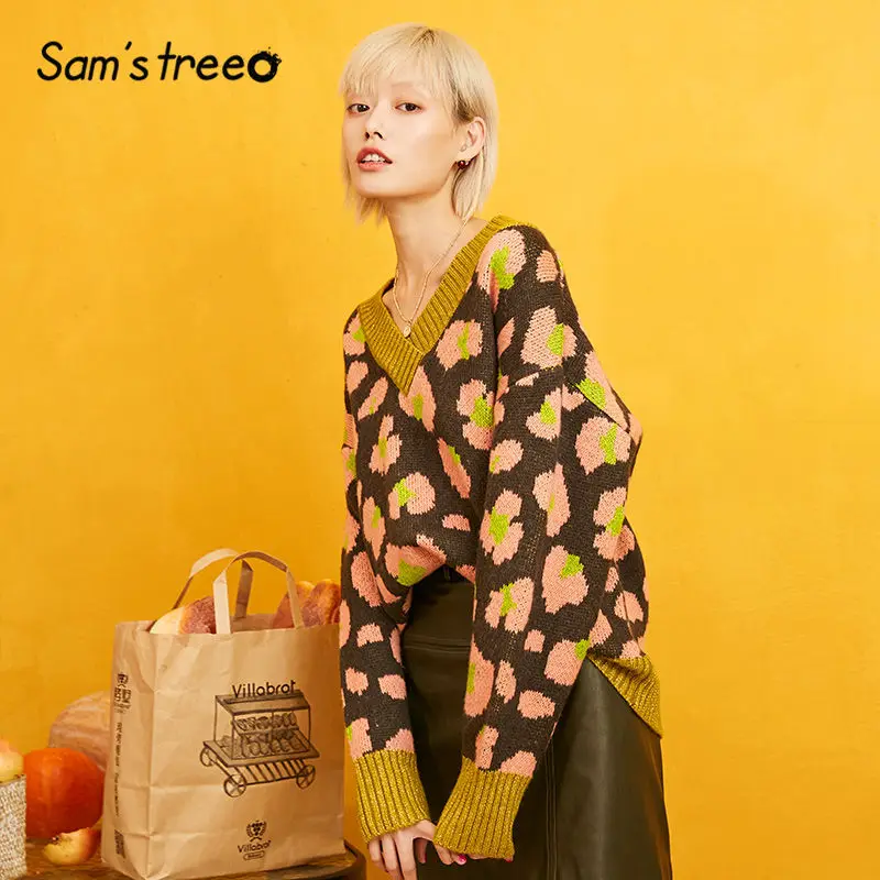 Samstree, пуловер с цветочным принтом, женские свитера, Осень-зима, мохер, с цветными блоками, с рукавом Бишоп, повседневные, офисные, женские топы