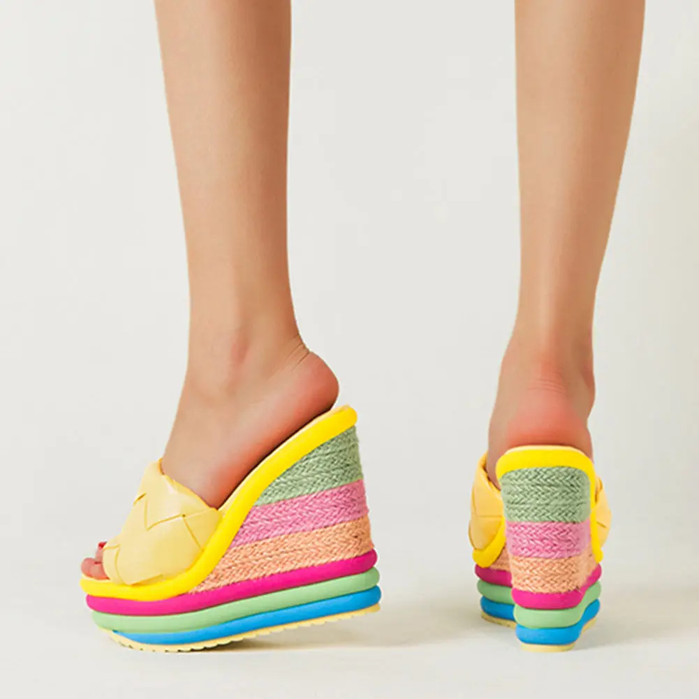 

DORATASIA Women Platform Wedges Slip On Brand Shoes Straw Heel Slippers Women Summer Color Outdoor Party Dress Slippers