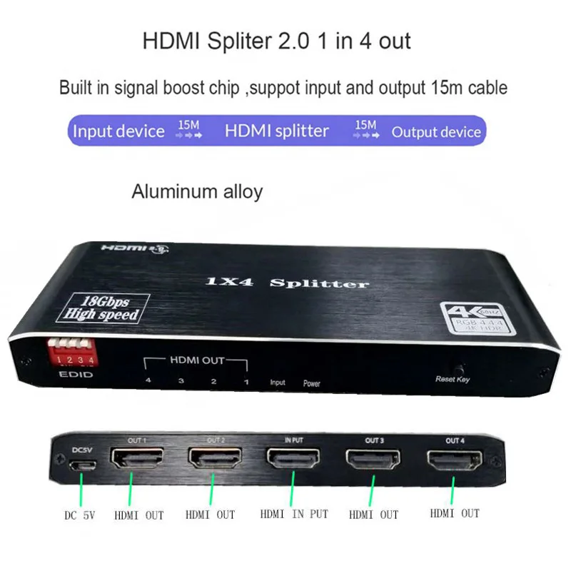 HDMI сплиттер 1 в 4 выхода 1x4 порта 4K @ 60hz 2.0b Full Ultra HD 1080P 3D HDCP2.2 18 Гбит/с HDR EDID для