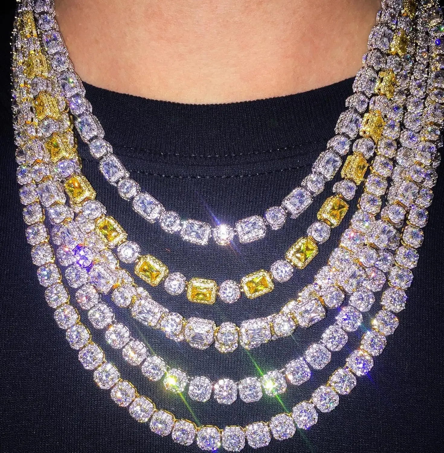 

Сверкающее ожерелье с кубическим цирконием для женщин и мужчин, прозрачное желтое двухцветное круглое прямоугольное геометрическое ожере...