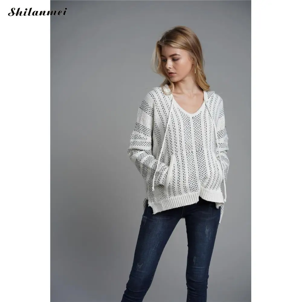 

Loose Pullovers Hooded Striped Knitted Sweater Women 2019 Autumn Winter Fashion Streetwear Casual Sweaters Ladies Jumper Tops