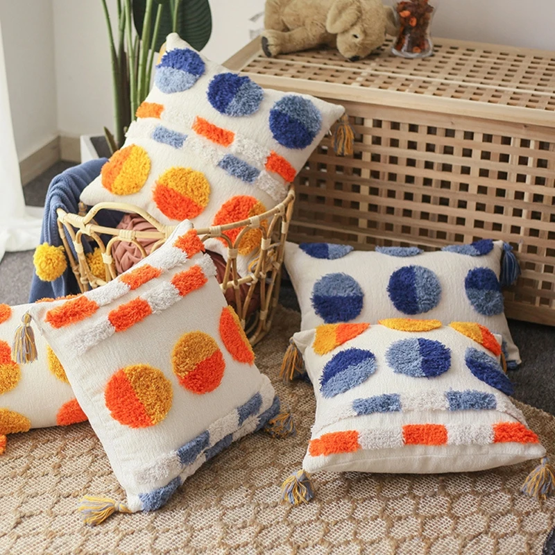 

Tribal Square Throw Pillow Case Multicolored Circle Tufted Tassel Cushion Cover 27RF