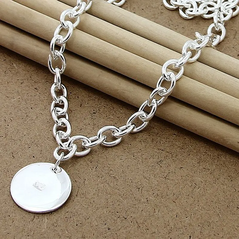 

925 Sterling Silver 18 Chain Round Pendant Necklace Women Wedding Engagement Fashion Jewelry