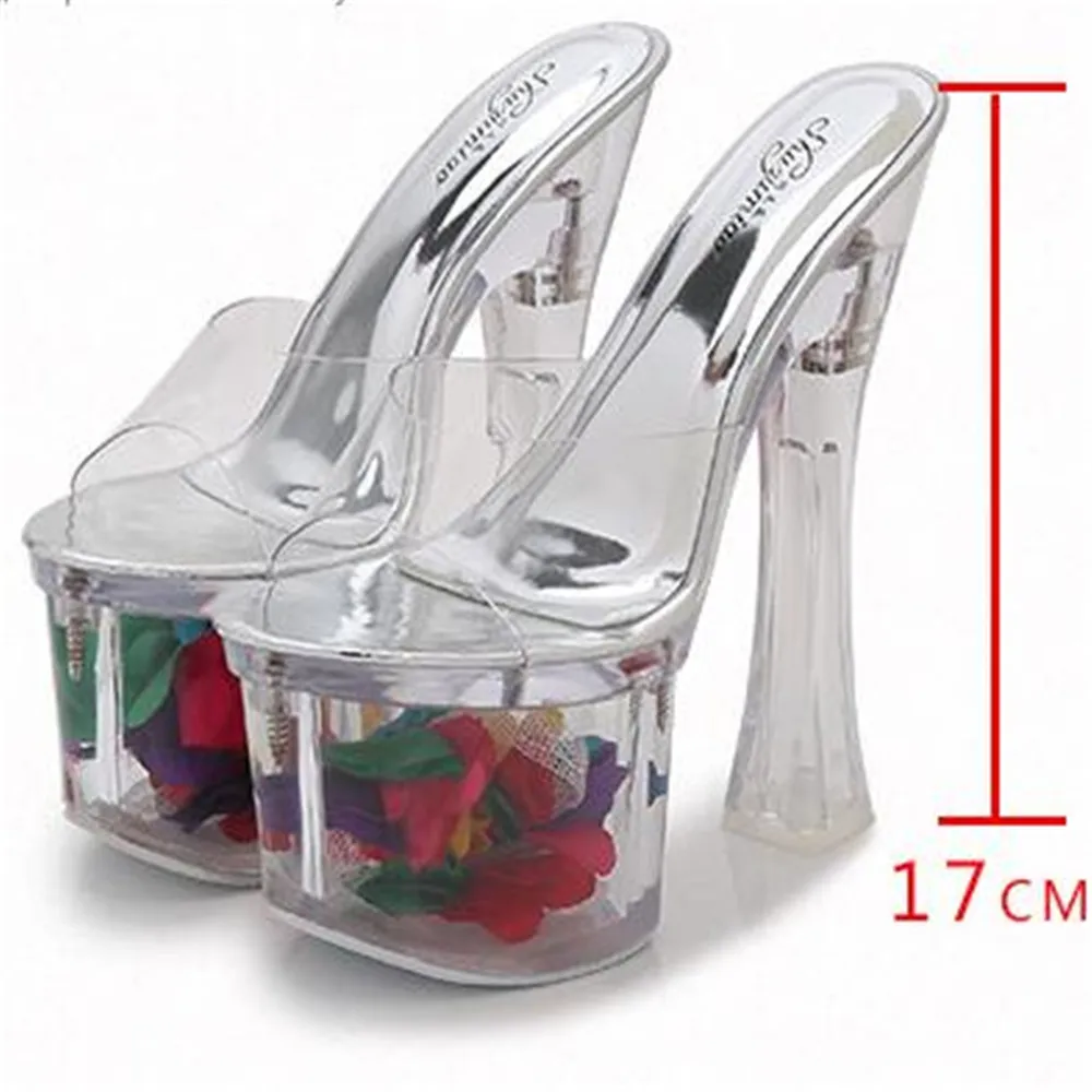 

Women Slippers Summer 2021 Sexy Crystal Chunky Heels 17/20 CM Transparent Sandals Cool Pumps Female's Wedding Shoes Plus 34-43