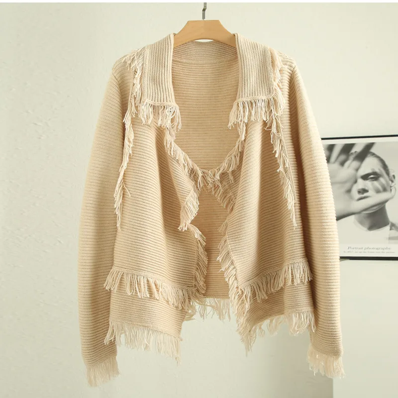 Fashion tassel women's Cashmere Cardigan Sweater spring knitted long sleeve coat casual Korean slim and chic women's top