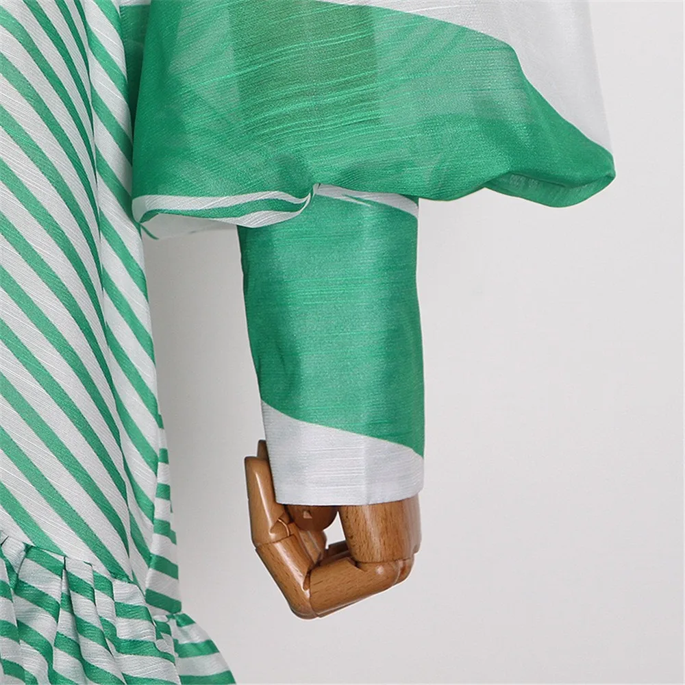 

High Quality New Autumn Woman Dress Puff Sleeves Green Stripes Fish Tail Celebrity Evening Night Party Dress Vintage Vestios