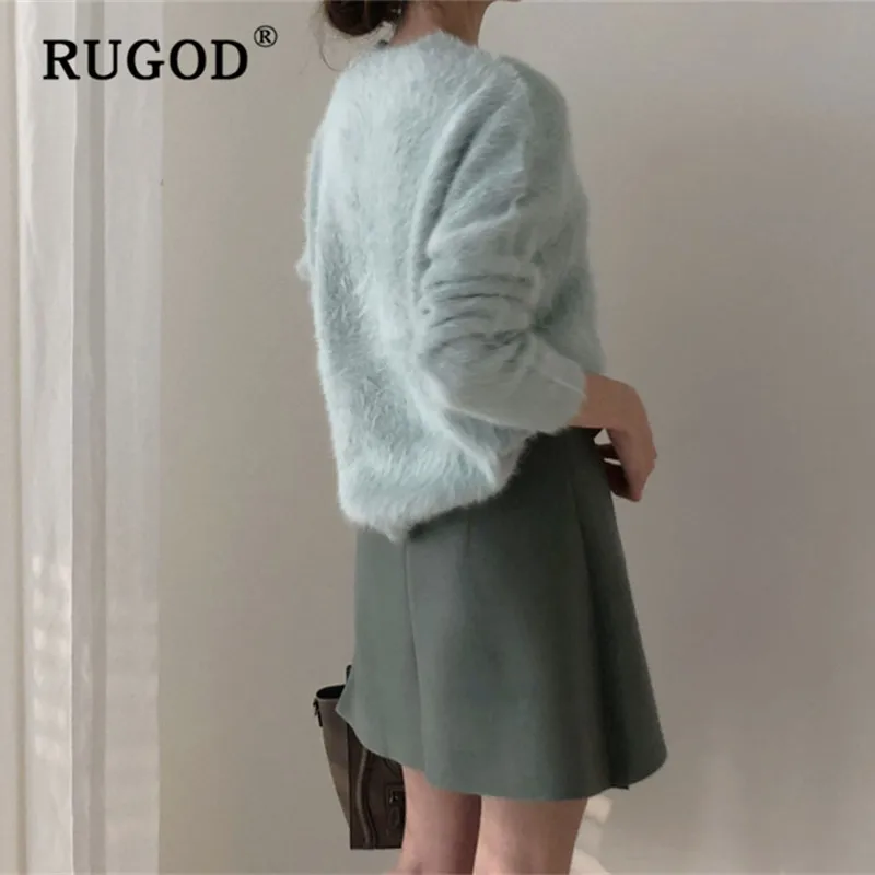 RUGOD кашемировый вязаный женский свитер элегантный круглый вырез длинный рукав