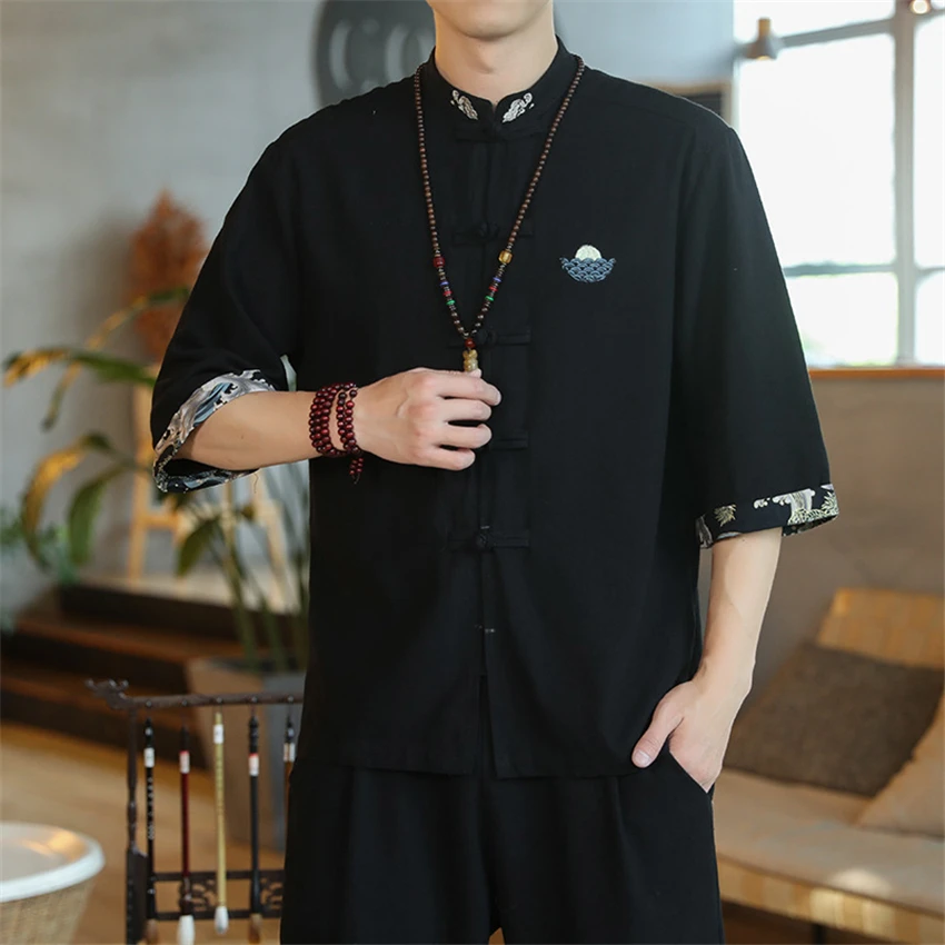 

2021 New Chinese Style Mens Tops Tang Suit Plus Size M-5XL Linen Long Sleeve Solid Traditional Kung Fu China Style Hanfu Shirt
