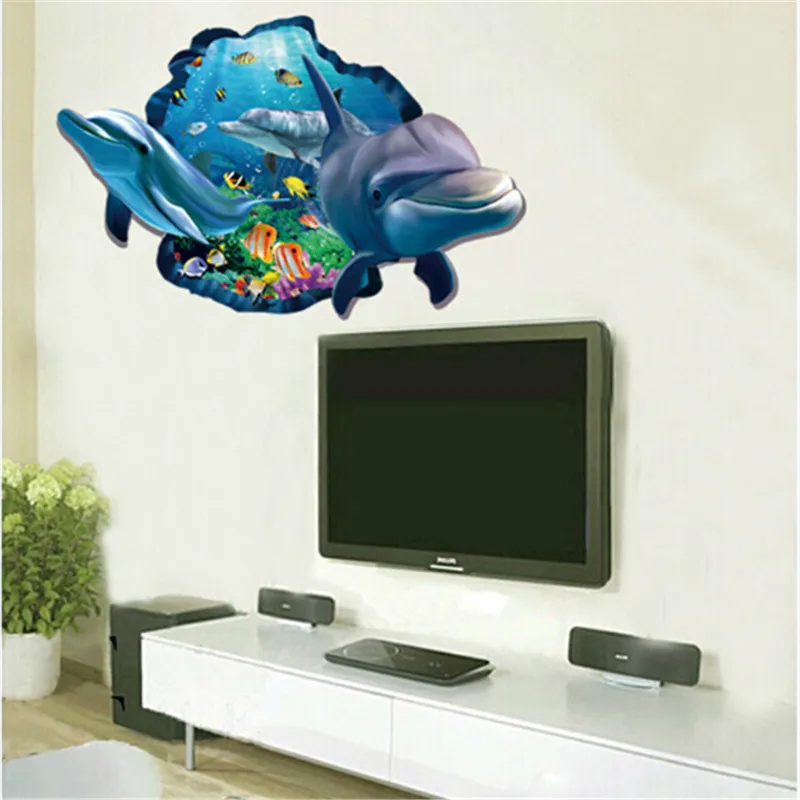

Simulation 3D Cartoon Wallpaper Dolphins Stickers Underwater World Room Decoration Wall Decals