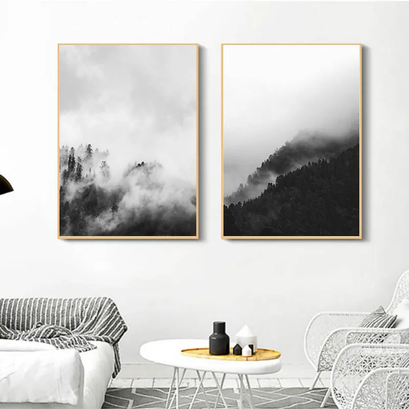 Скандинавские пейзажные постеры черно белые художественные туманные горы