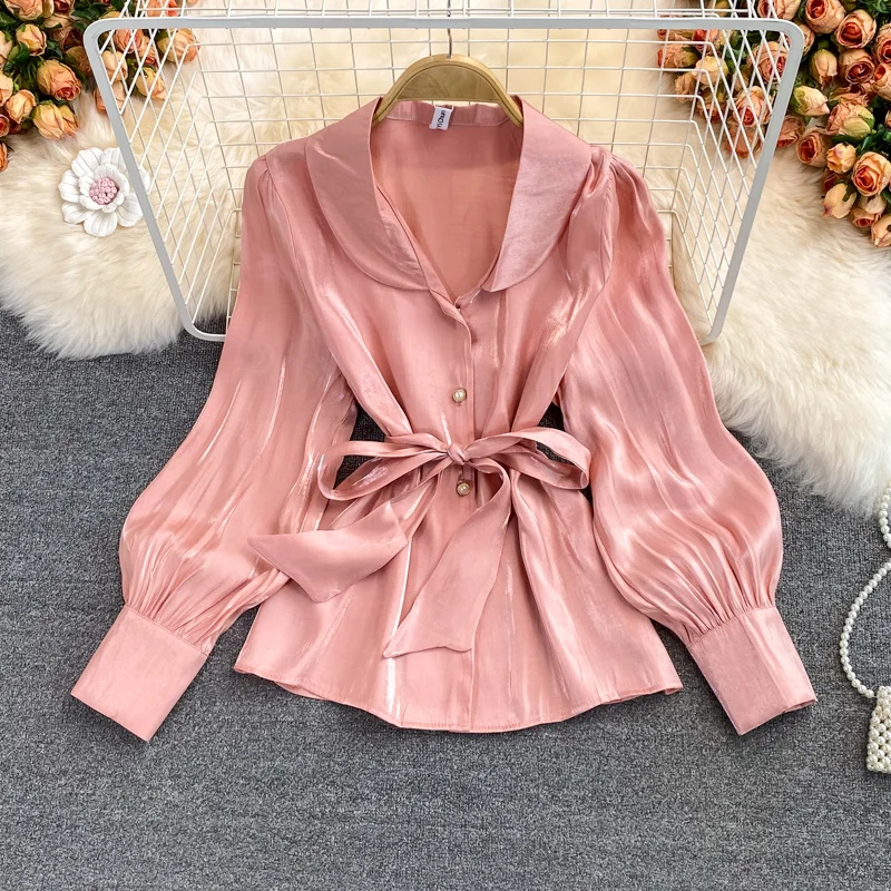 

Женская свободная рубашка с длинным рукавом, Повседневная Легкая рубашка с пузырьковым рукавом, осень 2021