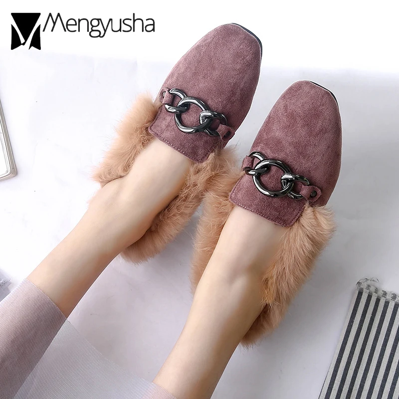 Туфли женские меховые на плоской подошве лоферы без застежки из меха кролика с