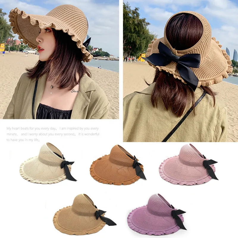 

New Summer Bow Sun Hats Empty Top Hat Women UV Protction Caps Cutout Beach Hat Women Sun Cap Ribbon Knit Raffia Hat Sun Hat