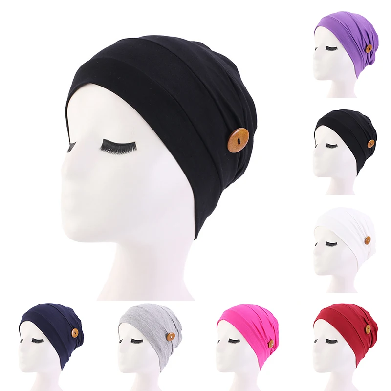 Elastic Fashion Turban Hat Solid Color Hat Solid Muslim Button Headscarf Hat Casual Headscarf Women Hat Knitted Nurse Hat Cap
