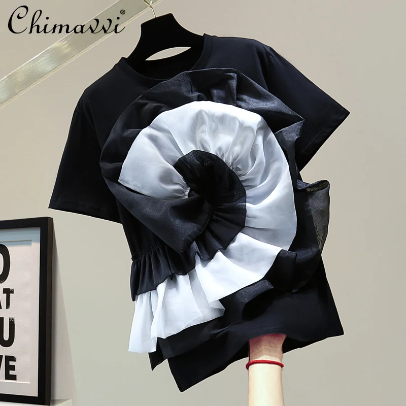 

Футболка женская с коротким рукавом, свободная приталенная рубашка с трехмерным цветком, повседневный Топ контрастных цветов с круглым выр...