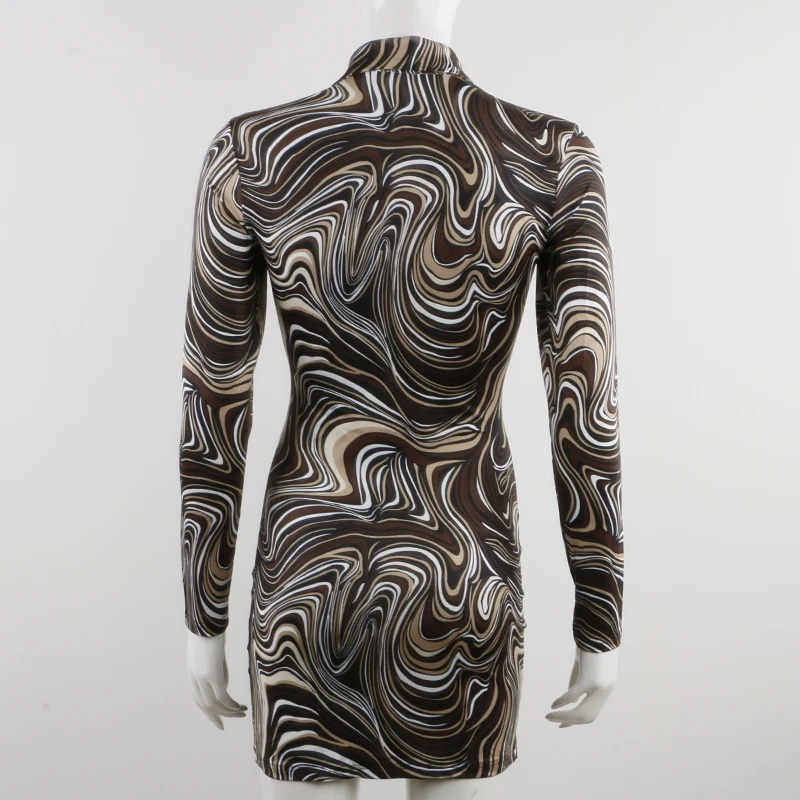 

Collar Tie Dye Mini Dress Sexy Bodycon Brown Club Clothes 2021 Wave Print Slim Long Sleeve Short Party Women Dress