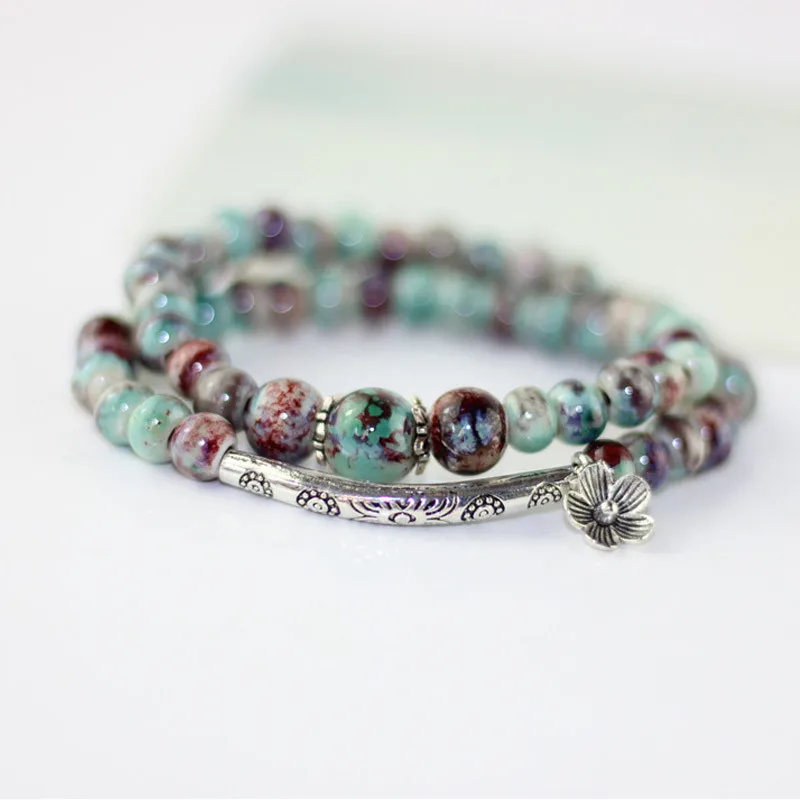 Цветок керамические бусины Двойные Браслеты камень очарование аксессуары