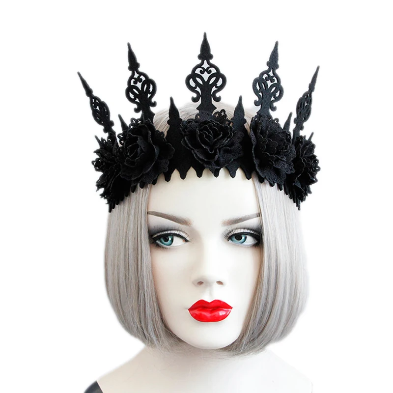 

Lady Queen Head Wreath Vintage Gothic Black Crown Roses Tiara Headband Halloween Party Masquerade Cosplay Accessory