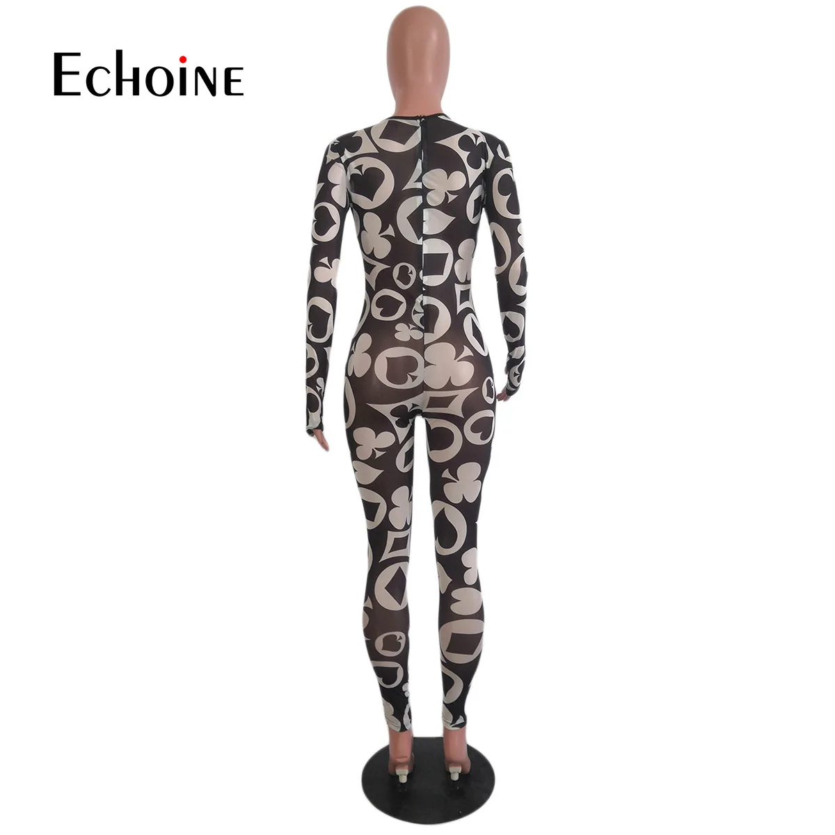

Echoine Women Poker Card Print Mesh See Though Long Sleeve Bodycon Jumpsuit Sexy Club Night Party Club Romper Overall Playsuit