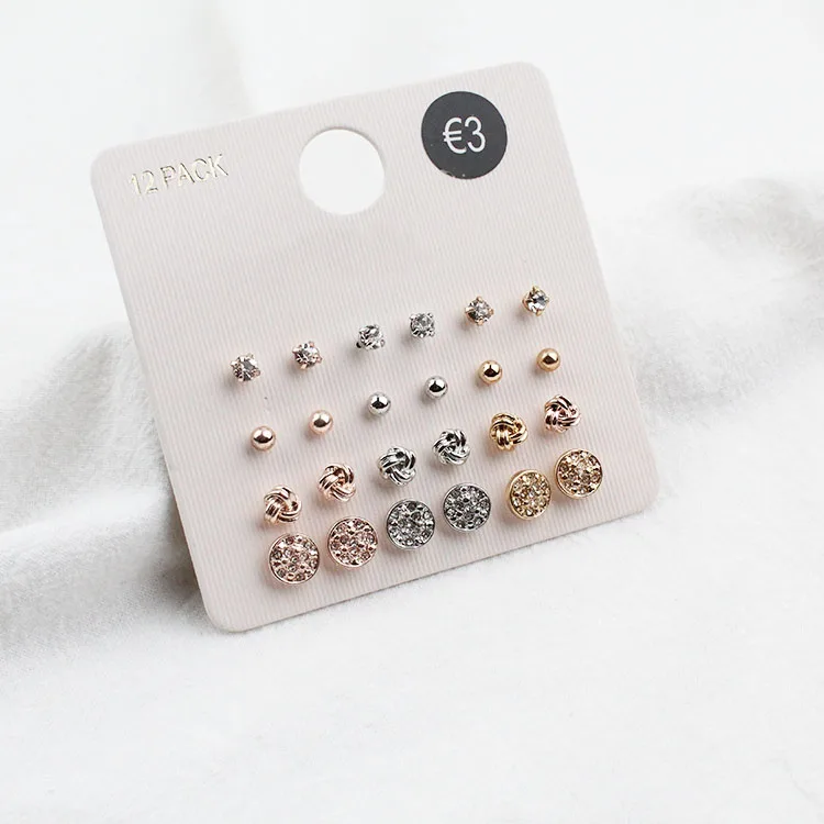 

One card has 12 pairs of geometric crystal earrings