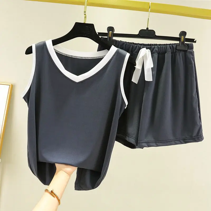

Sleeveless Vest Shirt + Shorts Sleepwear Set Casual V Neck Summer Pajamas Women Ice Silk Thin Nightwear Female Outside Wear