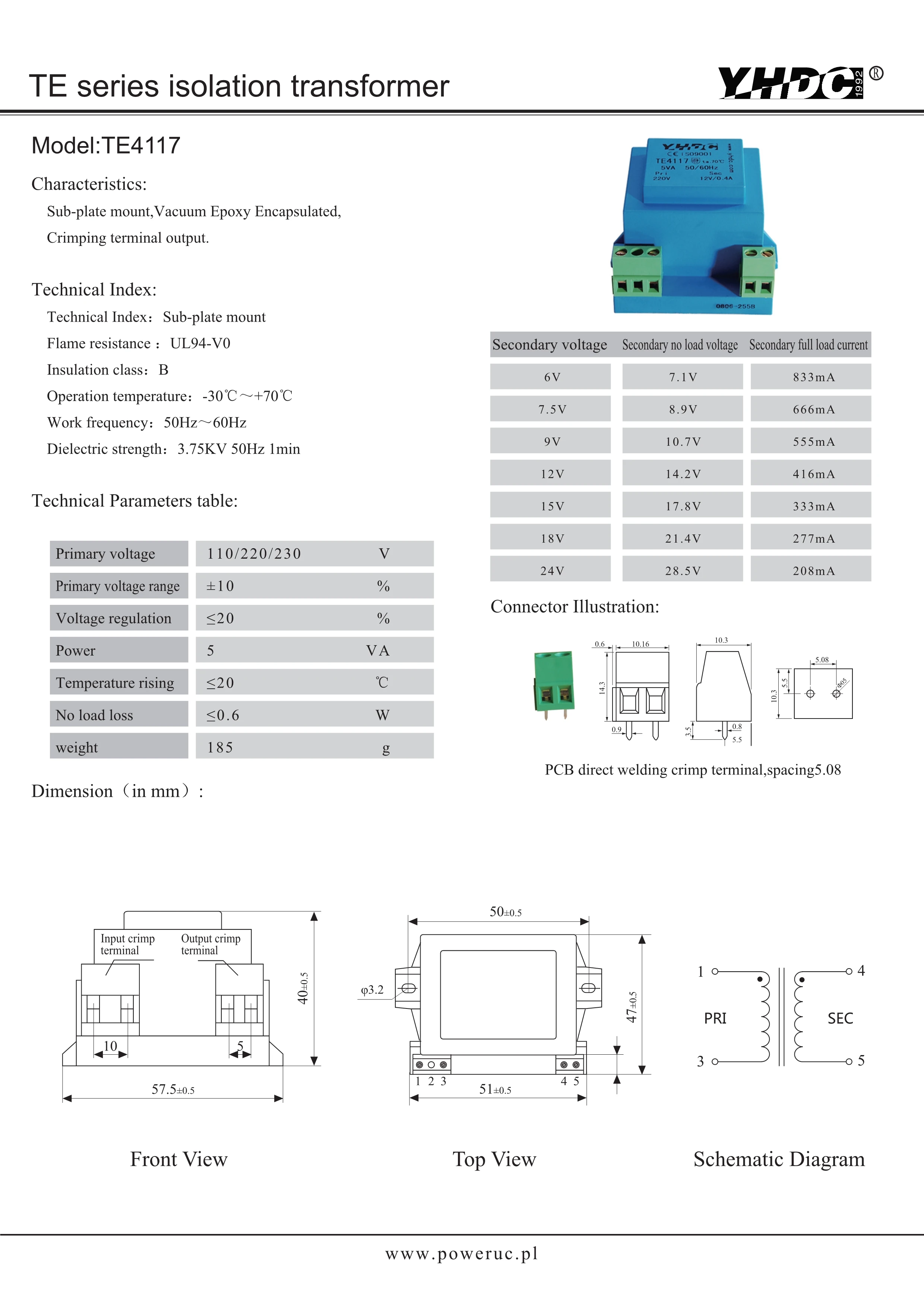 YHDC TE4117 мощность 5VA вход 230В Выход 2 * 9В вакуумная эпоксидная инкапсулированная PCB