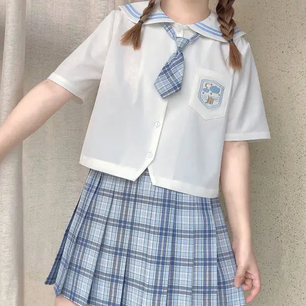 

Two piece set Japanese Harajuka Plaid Mini Women Skirt School Uniforms Skirt A-line Cute High Waist Women kawaii Sailor Suits