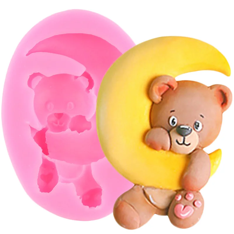 3D Moon Bear Silicone Mold Baby Birthday Cake Decoration Tools Fondant Chocolate Candy Epoxy Resin Mould DIY Baking Accessories