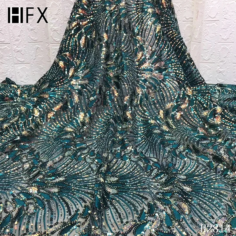 HFX нигерийская кружевная ткань с блестками, блестящая золотая кружевная ткань, африканская кружевная ткань с блестками для вечернего платья F2814