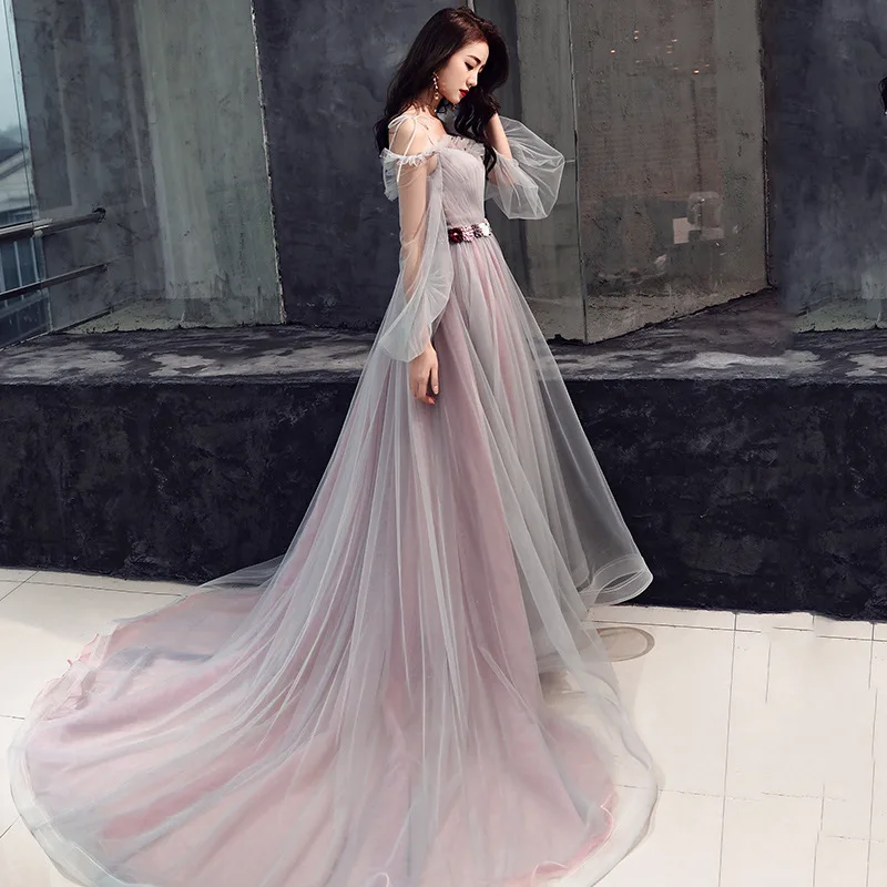 

2019 new noble ladies long-sleeved trailing annual meeting hosted fairy dress sling long female banquet evening dress