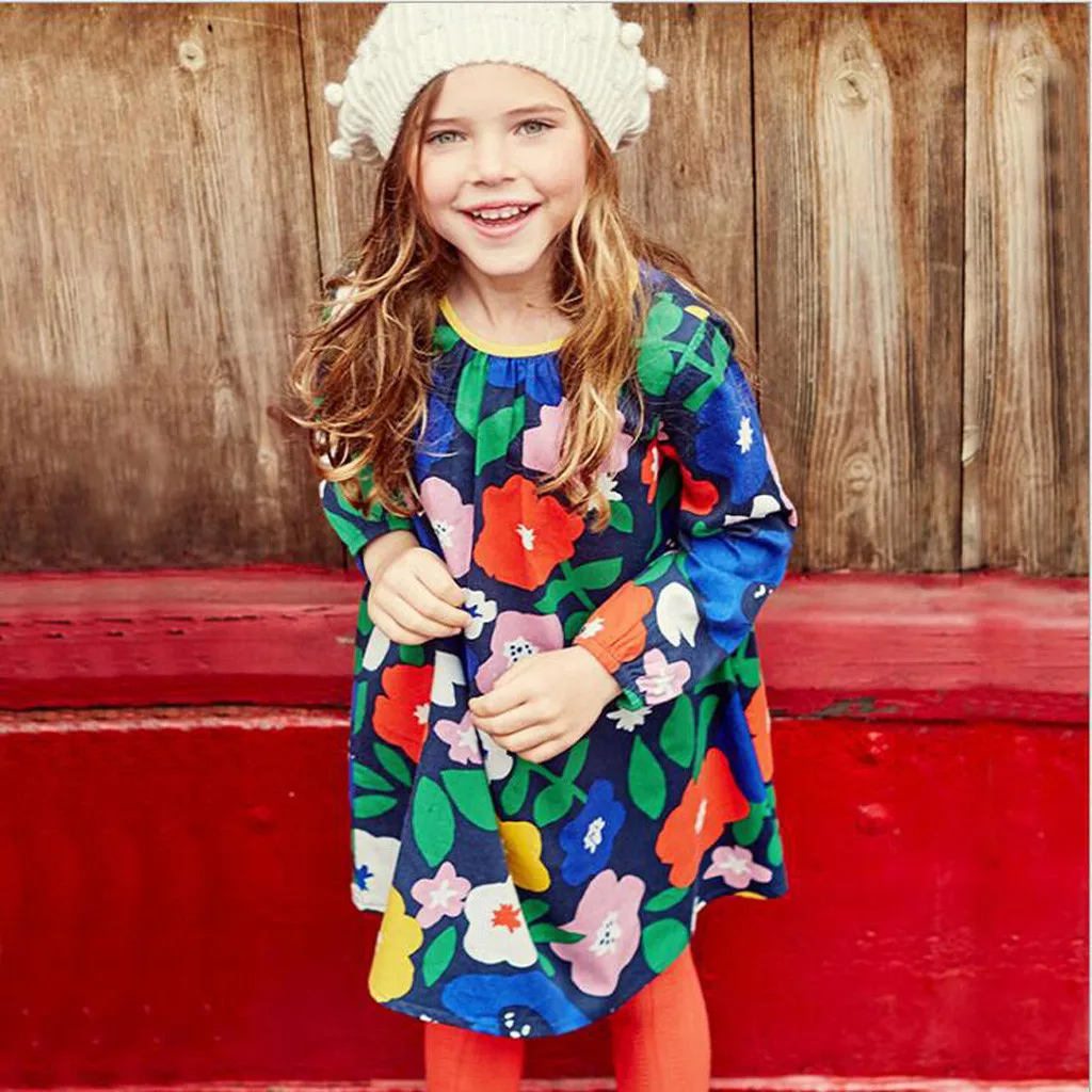 1-7t Girls Dress Long Sleeve Fashion Teen Floral Print Knit Princess Dresses Clothes Winter Girl Vestido De Niñas | Детская одежда и