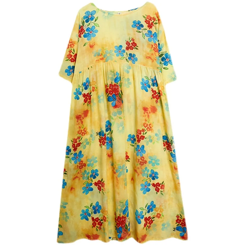 

BIG SIZE Summer Women Fashion Elegant Flower Print Tops Ladies Female Plus Large Long Casual Loose Ruffles Drapped Cotton Dress