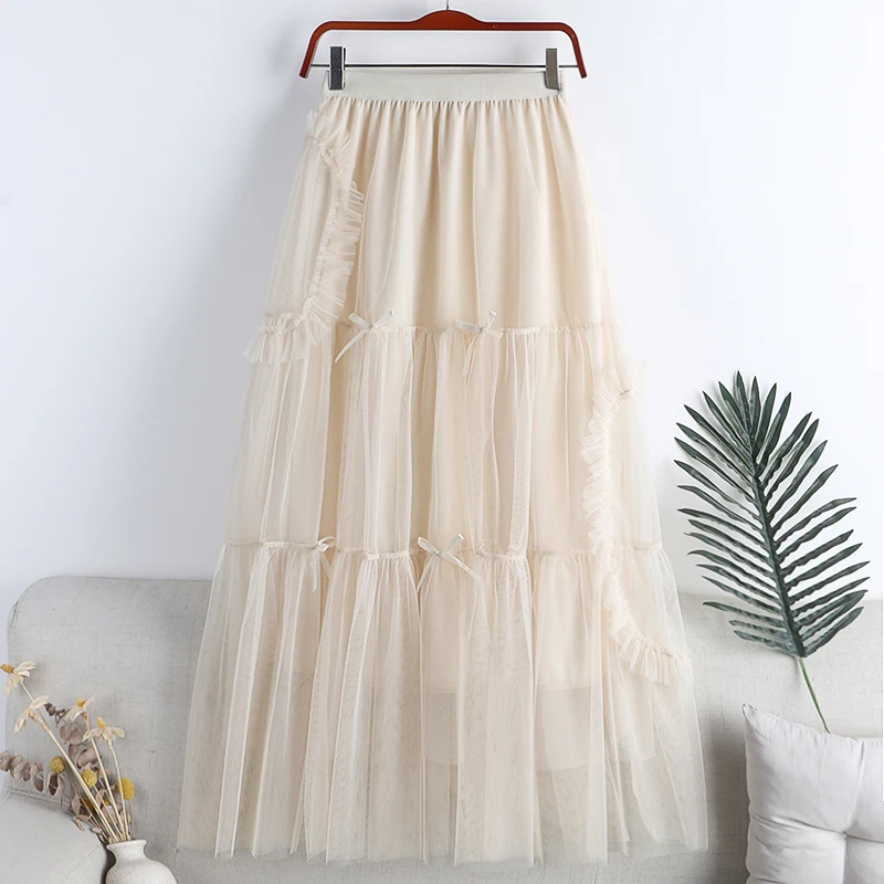

Skirt women's 2022 high waist solid color mid-length A-line skirt women's spring mesh bow mid-length skirt