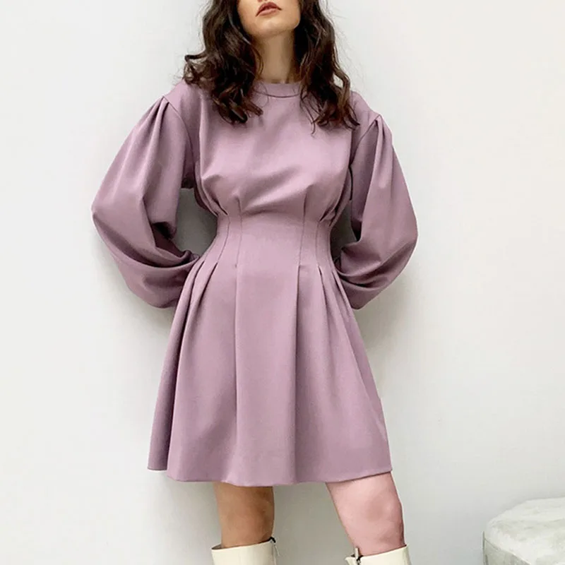 

Элегантное фиолетовое облегающее платье с оборками, женское короткое платье с круглым вырезом и пышными рукавами, модное облегающее весенн...