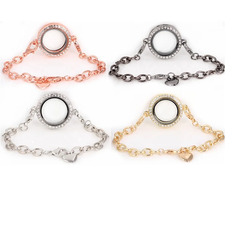 

5pcs/lot 25mm crystal alloy floating locket bracelet silver gold black glass floating memory lockets for diy charms jewelry