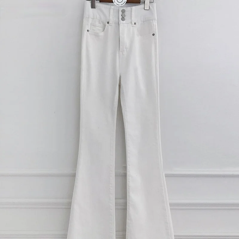 

Chic High Waist Button Women Skinny Denim Flare Pants Elegant Slim Female White Jeans 2021 Summer Ladies Pantalon