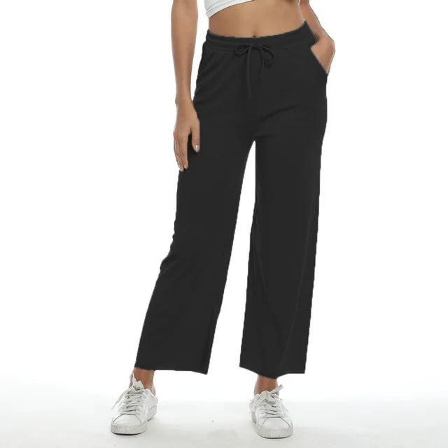 

Hot Summer Quick Dry Black Wide Leg Pants Female High Waist Loose Pants Women Pocket Drawstring Sweat Breathable Plus Size Pants
