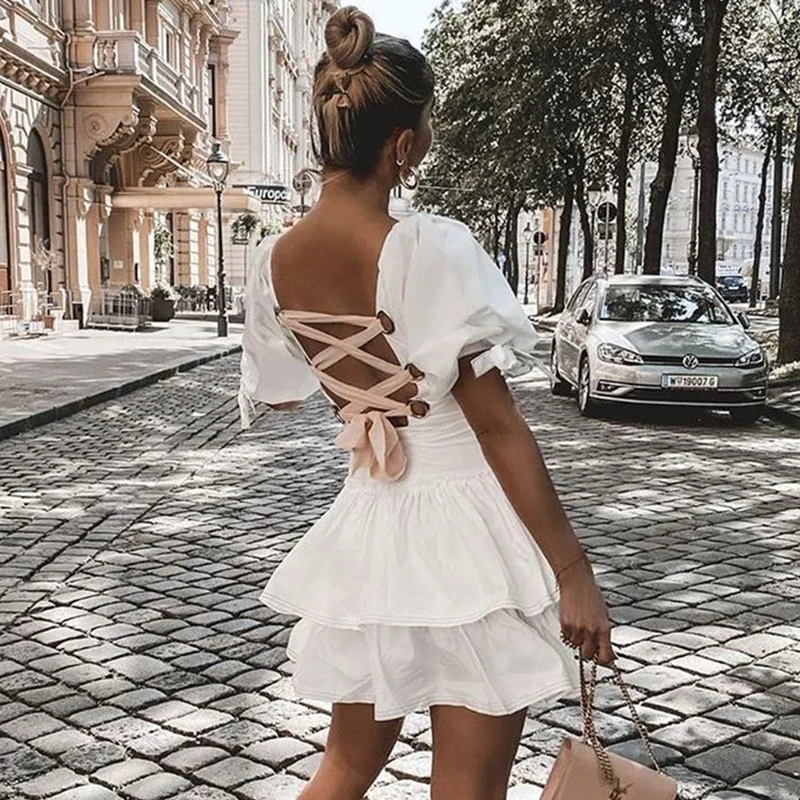 

White Dress Women Casual Back Lace Up Evening Party Sexy Mini Dress Female Short Sleeve Sundress 2021 Autumn