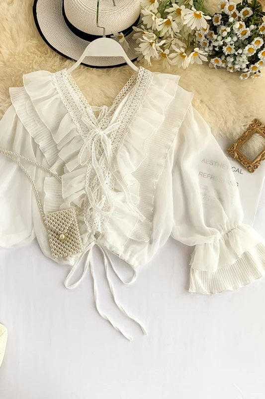 2019 Новая модная женская шифоновая рубашка женский кружевной топ с V-образным