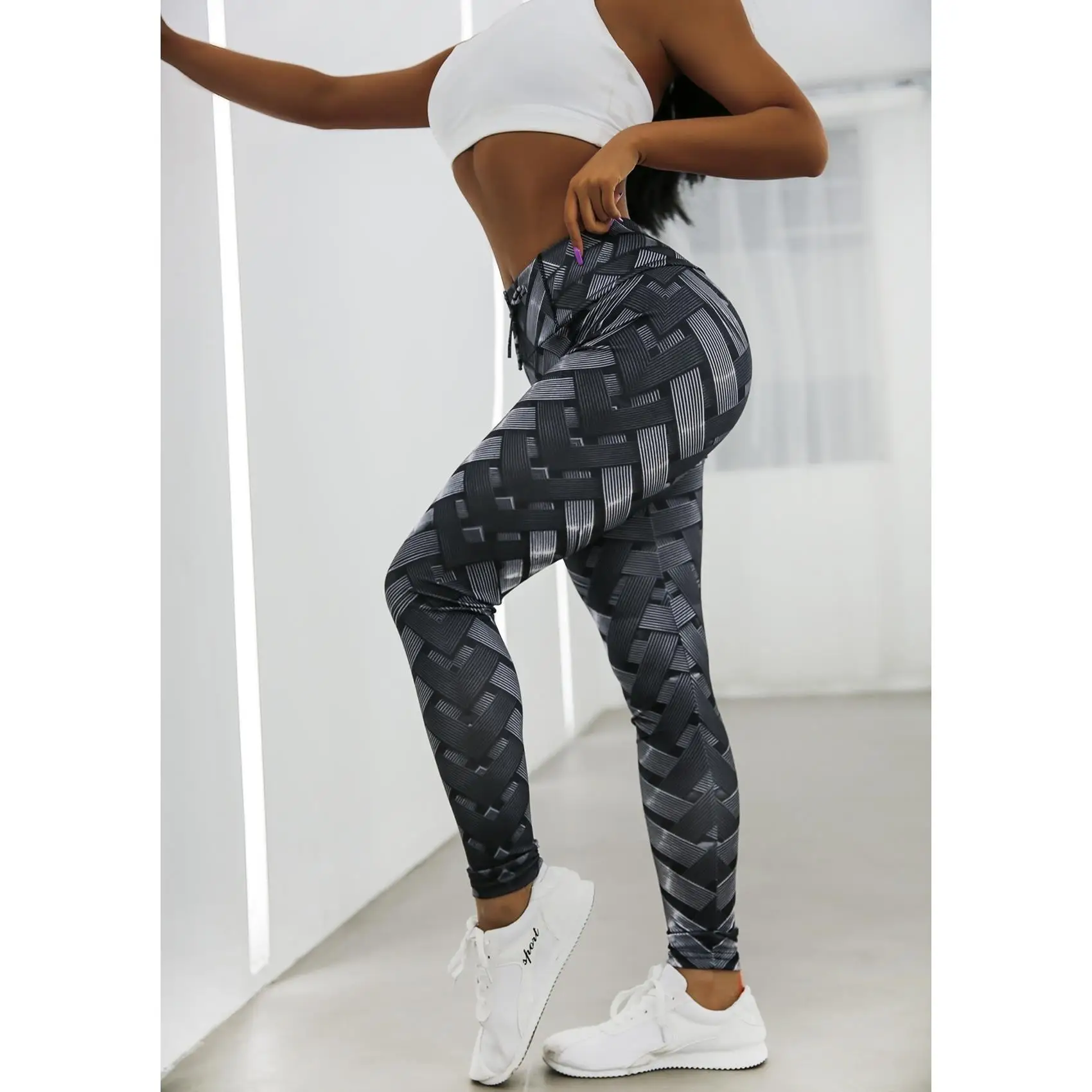 

Ladies Black High Waist Leggings Weaving Pattern Fitness Pants Sports Leggings Anti-Cellulite Leggings Workout Women's Pants