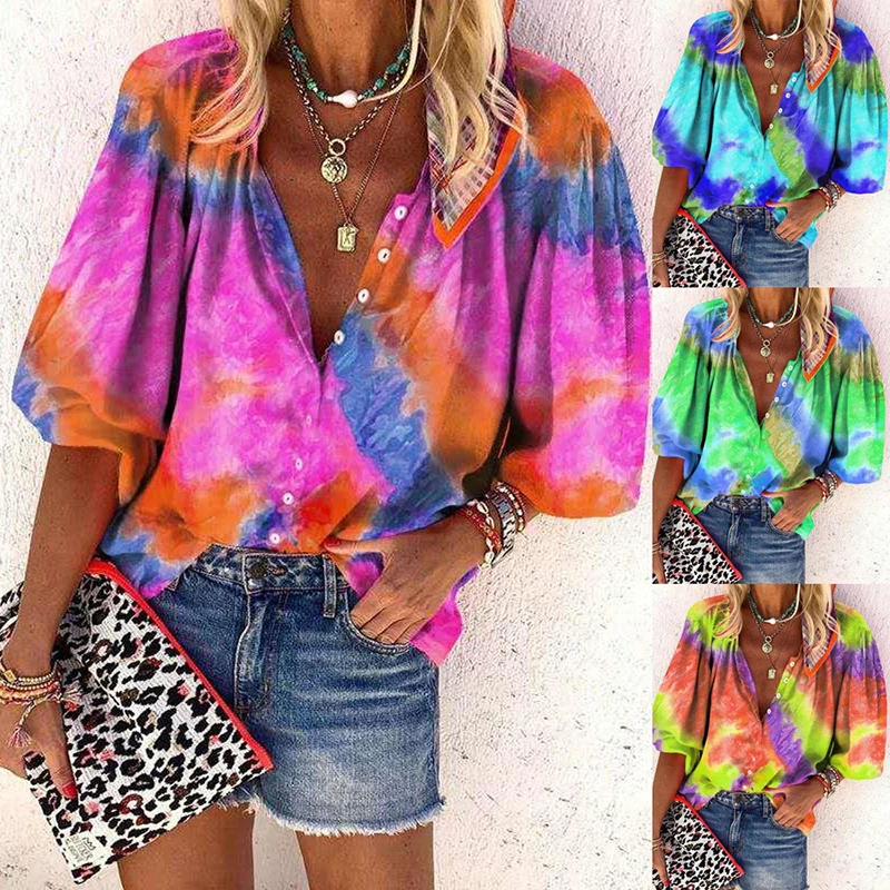 

Gentillove Vintage Y2K Tie Dye Print Button Shirts Sexy V Neck Loose Blouse Elegant Colorful Oversized 5XL Tops Streetwear